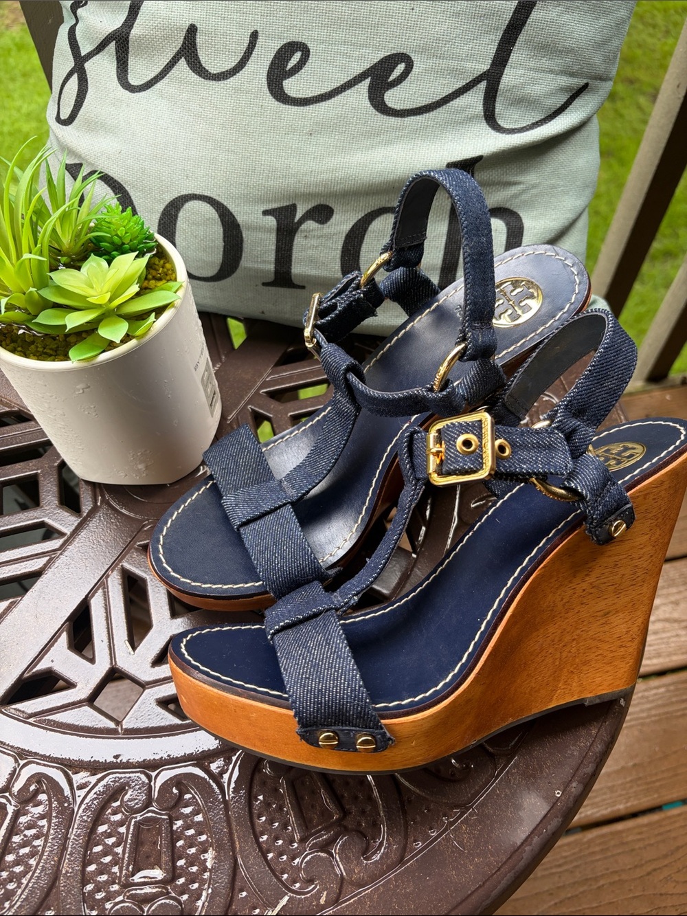 Tory Burch Beckett Denim Wooden Wedge Sandals 11M